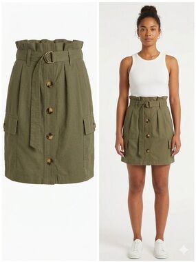 H&M Olive Green Button-Front Paperbag Mini Skirt